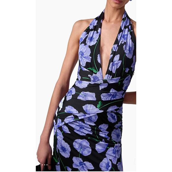 Carolina Herrera Floral Print Jersey Halterneck Dress in Black Multi XS - Picture 3 of 6